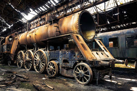 Some trains at abandoned train depotの写真素材
