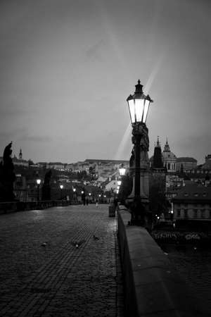 Charles Bridge in Prague at dawn Czech Republic in black and whiteの写真素材