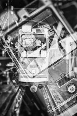 Old tram in garage double exposureの写真素材