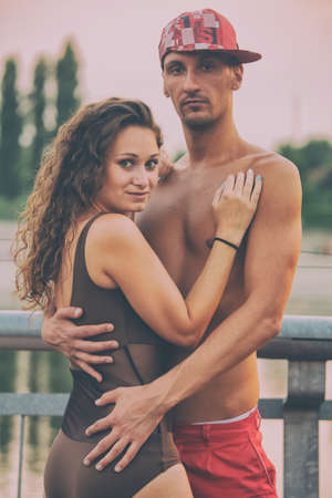 Beautiful young couple outdoor portraitの写真素材