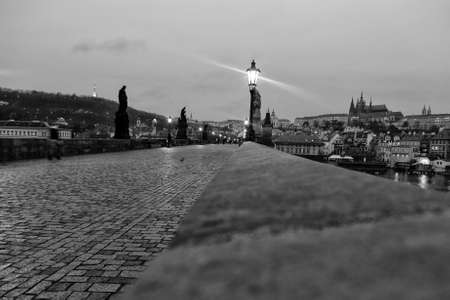 Charles Bridge in Prague at dawn Czech Republic in black and whiteの写真素材