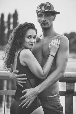 Beautiful young couple outdoor portraitの写真素材