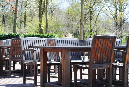 Terrace with teak furniture in nature environmentの写真素材
