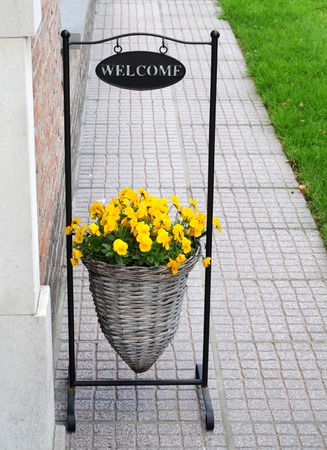 Basket with yellow violets in wrought iron frame, saying welcomeの写真素材