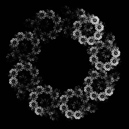 Circles in circles of white flowers on black, fractal imageの写真素材
