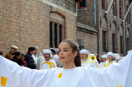 BRUGES (BRUGGE), BELGIUM - MAY 13: Procession of the Holy Blood. Annual religious procession going back to 1303, attracting 30.000 visitors this year. May 13, 2010 in Bruges (Brugge), Belgium.のeditorial素材