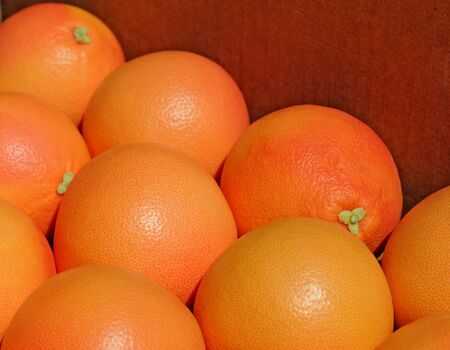 Pink grapefruits in cardboard box, shallow dofの写真素材