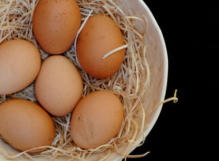 Bowl with organic brown eggs in hay, on blackの写真素材