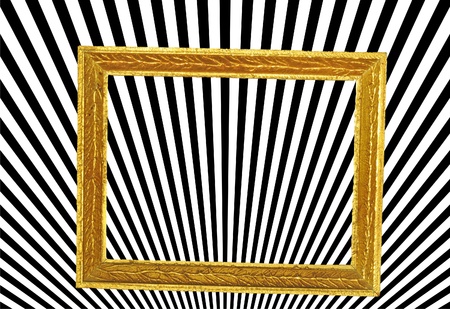 Abstract with black and white stripes in perspective view and askew gold coloured vintage frame, optic illusionの写真素材
