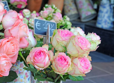 Pink and white roses on the market place, shallow depth of fieldの写真素材