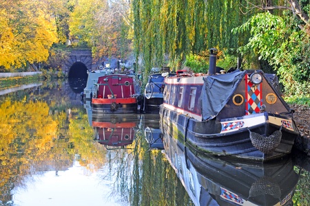 city canal in fall with houseboats and trees, islington, londonの写真素材