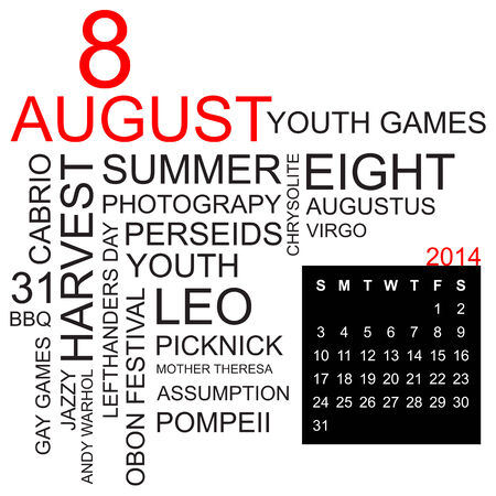 word cloud with twentysomething facts and figures about august 2014, including calendar of the month, vectorのイラスト素材