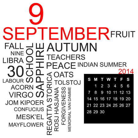 word cloud with twentysomething facts and figures about september 2014, including calendar of the month, vectorのイラスト素材