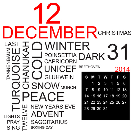 word cloud with twentysomething facts and figures about december 2014, including calendar of the month, vectorのイラスト素材