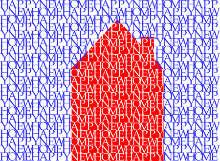 Happy new home in red and blue on white, typographic illustration, word art, vector, eps 10のイラスト素材