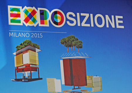MILAN, ITALY - MAY 28, 2015: Expo 2015 'feeding the planet, energy for life' is attracting millions of people from the whole world till october 31. Ad for Ferrero, a chocolate producerのeditorial素材