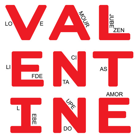 Valentine combined with the word Love in different languages. A clean, bright typographic  image in black, white and red, word art, vector, eps 10のイラスト素材