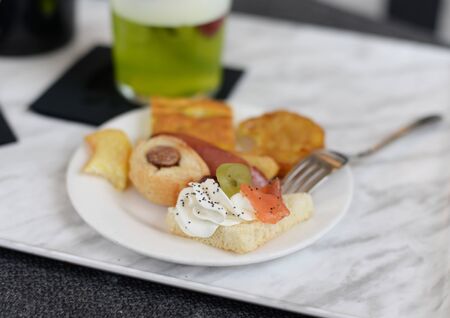 appetizers with fresh cheese and salmon, selective focusの写真素材