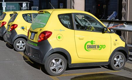MILAN, ITALY - MARCH 3, 2016: Share'NGo, the new mobility. Environment friendly sharing of electric cars in Milan to reduce the ecological footprintのeditorial素材