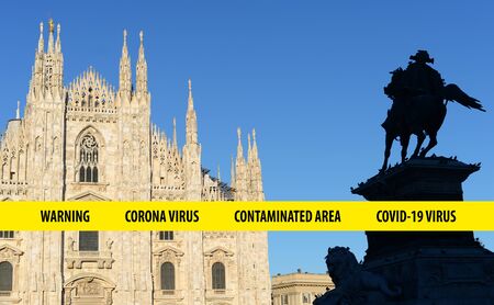 Milan cathedral with black on yellow warning ribbon for corona or COVID-19 virus contaminationの写真素材