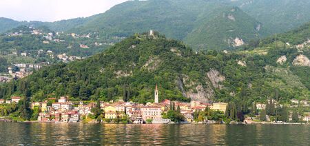 Panoramic spring view on Varenna at the river Esino in Lake Como in Lombardy, one of the most beauiful villages in Italyの写真素材