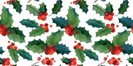 Watercolor seamless Christmas background. May be used for wrapping paper or card design. Red berries...