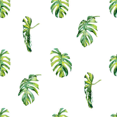 Seamless watercolor illustration of tropical leaves, dense jungle. Hand painted. Banner with tropic summertime motif may be used as background texture, wrapping paper, textile or wallpaper design.の写真素材