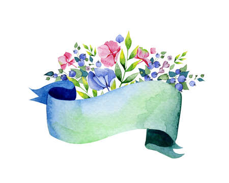 Colorful floral collection with multicolored flowers, leaves, branches, berries, ribbons and more.の写真素材