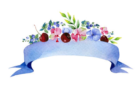 Colorful floral collection with multicolored flowers, leaves, plums, branches, berries, ribbons and more.の写真素材