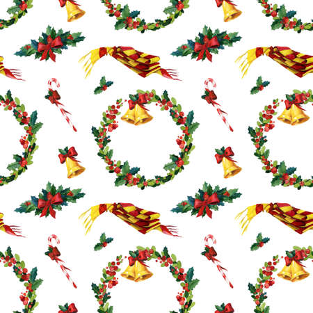 Seamless watercolor Christmas background with holly, golden bells, candy cane and red ribbon. May be used for wrapping paper, card or textile designの写真素材
