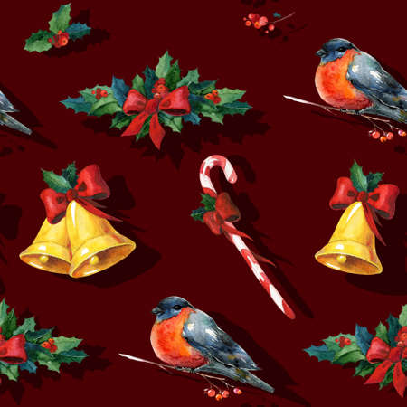 Seamless watercolor Christmas background with holly, golden bells, candy cane, red ribbon and red winter bird bullfinch. May be used for wrapping paper, card or textile design.の写真素材