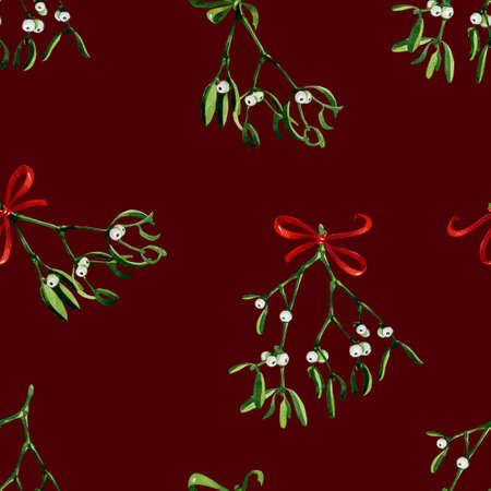 Seamless watercolor Christmas background with mistletoe and red ribbon. Use it for wrapping paper, card or textile design. Hand drawn mistletoe twigs. Christmas mistletoe. Winter holiday background.の写真素材