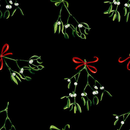 Seamless watercolor Christmas background with mistletoe and red ribbon. Use it for wrapping paper, card or textile design. Hand drawn mistletoe twigs. Christmas mistletoe. Winter holiday background.の写真素材