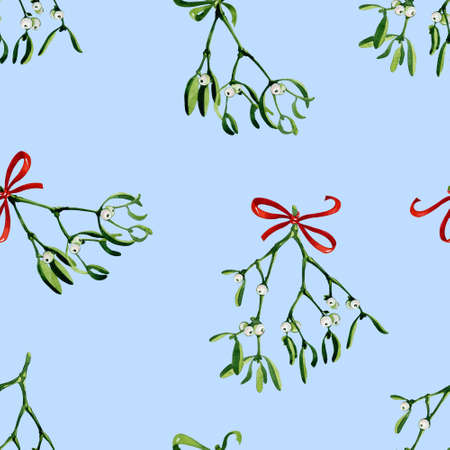 Seamless watercolor Christmas background with mistletoe and red ribbon. Use it for wrapping paper, card or textile design. Hand drawn mistletoe twigs. Christmas mistletoe. Winter holiday background.の写真素材