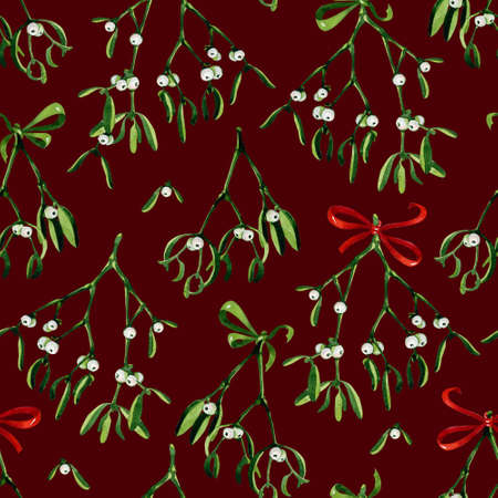 Seamless watercolor Christmas background with mistletoe and red ribbon. Use it for wrapping paper, card or textile design. Hand drawn mistletoe twigs. Christmas mistletoe. Winter holiday background.の写真素材