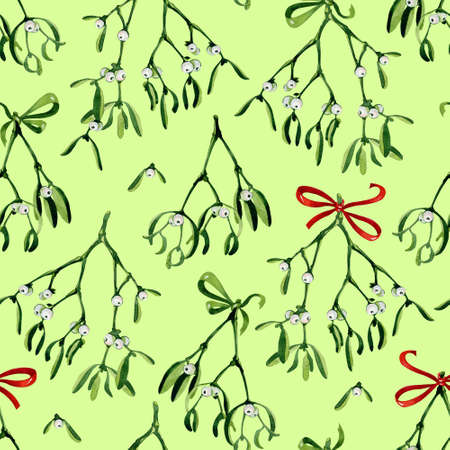 Seamless watercolor Christmas background with mistletoe and red ribbon. Use it for wrapping paper, card or textile design. Hand drawn mistletoe twigs. Christmas mistletoe. Winter holiday background.の写真素材
