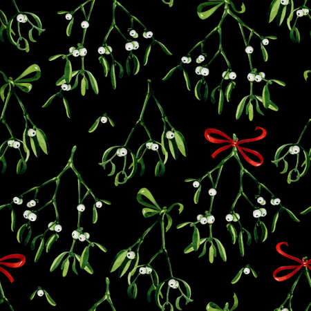 Seamless watercolor Christmas background, mistletoe and red ribbon. Use it for wrapping paper, card or textile design. Hand drawn mistletoe twigs. Christmas mistletoe. Winter holiday background.の写真素材