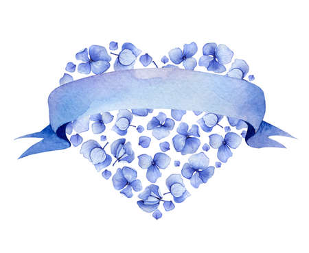 Love concept. Heart and flowers. Colorful floral heart, hand-drawn watercolor. Design for Valentine's Day or weddings. Spring or summer design for invitation and greeting cards. Hydrangea and ribbon.の写真素材