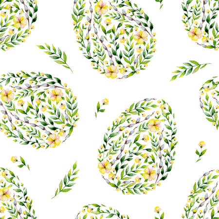 Watercolor yellow seamles flower and herbs Easter egg pattern. May be used for Easter textile decoration print, invitation card, spring decor, wrapping paper and window decoration.の写真素材