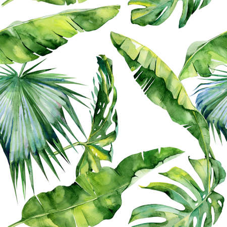 Seamless watercolor illustration of tropical leaves, dense jungle. Pattern with tropic summertime motif may be used as background texture, wrapping paper, textile, wallpaper design.の写真素材