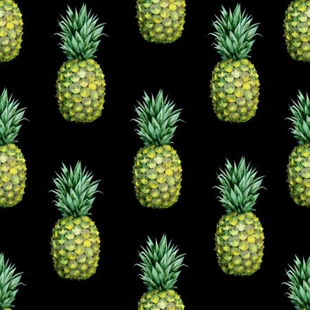 Seamless watercolor fruit illustration of pineapple. Pattern with tropic summertime motif may be used as background texture, wrapping paper, textile or wallpaper designの写真素材