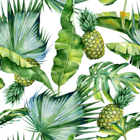Seamless watercolor illustration of tropical leaves and pineapple, dense jungle. Pattern with tropic summertime motif may be used as background texture, wrapping paper, textile, wallpaper design.の写真素材