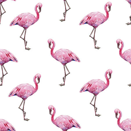 Seamless watercolor illustration of tropical pink flamingo birds. Trendy pattern with tropic summertime motif. Exotic Hawaii art background. Design for fabric and decor.の写真素材
