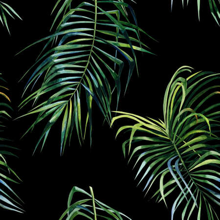 Watercolor seamless illustration of tropical leaves, dense jungle. Hand painted. Banner with tropic summertime motif. Coconut palm leaves.の写真素材