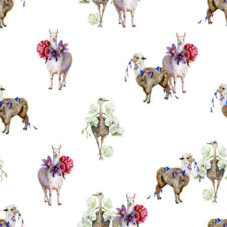Watercolor seamless pattern with rainbows, ostrich and lids. Use as wallpaper and textiles. Nursery room decor or children's clothing illustration.の写真素材