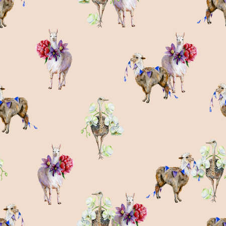 Watercolor seamless pattern with rainbows, ostrich and lids. Use as wallpaper and textiles. Nursery room decor or children's clothing illustration.の写真素材