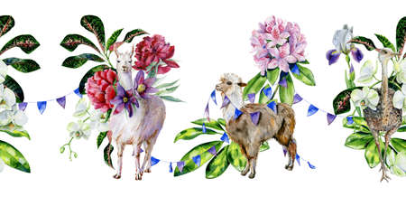 Alpaca, iris flowers and ribbons Tropical leaves of schefflera, croton. Use as nursery wallpaper.の写真素材