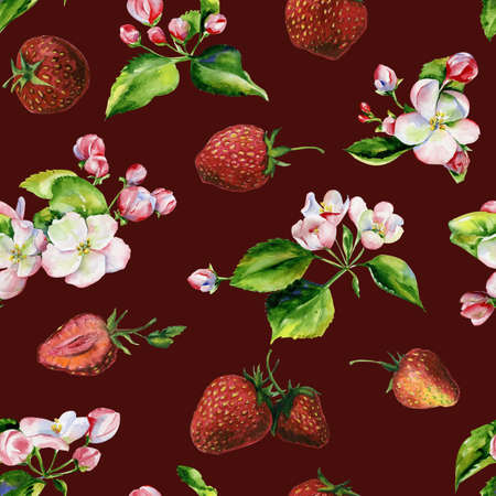 A blooming branch of apple tree in spring watercolor. Hand drawn apple branches and strawberry...