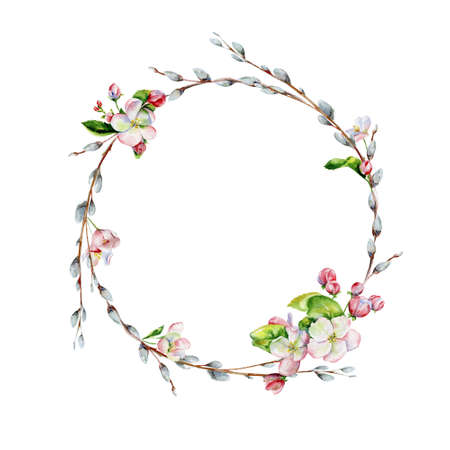 Hand-drawn watercolor drawing of wreath for Easter holiday with pussy-willow bohemian style design, isolated spring season illustration on white with pink apple tree flowers.の写真素材