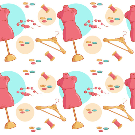 Seamless pattern. Sewing. Mannequin, beads, hanger, buttonのイラスト素材